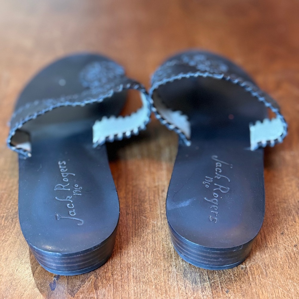 Jack Rogers Sandals Womens 10 Black Jacks Flat Leather Whipstitch Rondelle Thong - Picture 3 of 6